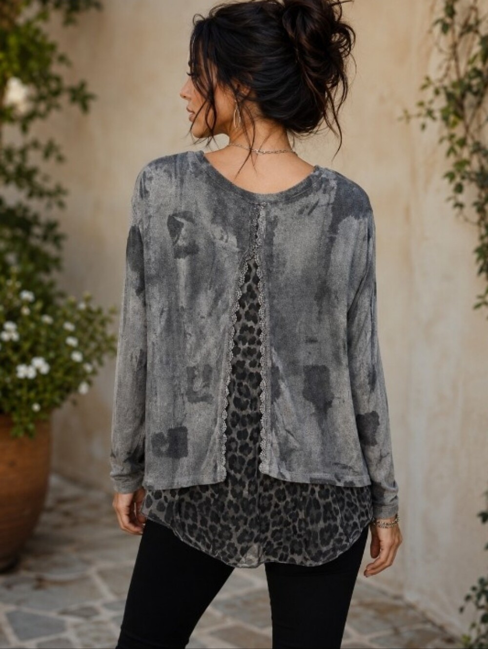 Gray Abstract Leopard Mixed Media Silk/Angora Lace Back Lagenlook Art To Wear